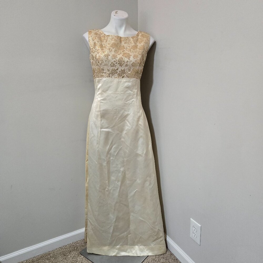 (Fits ~8) 60s Vintage Custom-Made Gold Brocade & Ivory Satin Empire Waist Gown